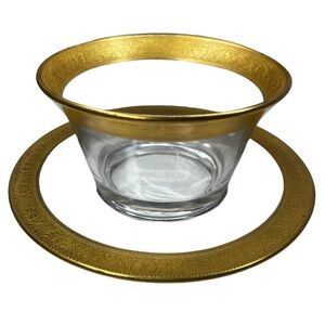 Tiffin Bowl and Saucer Clear Glass with Gold Embossed Rim Vintage
